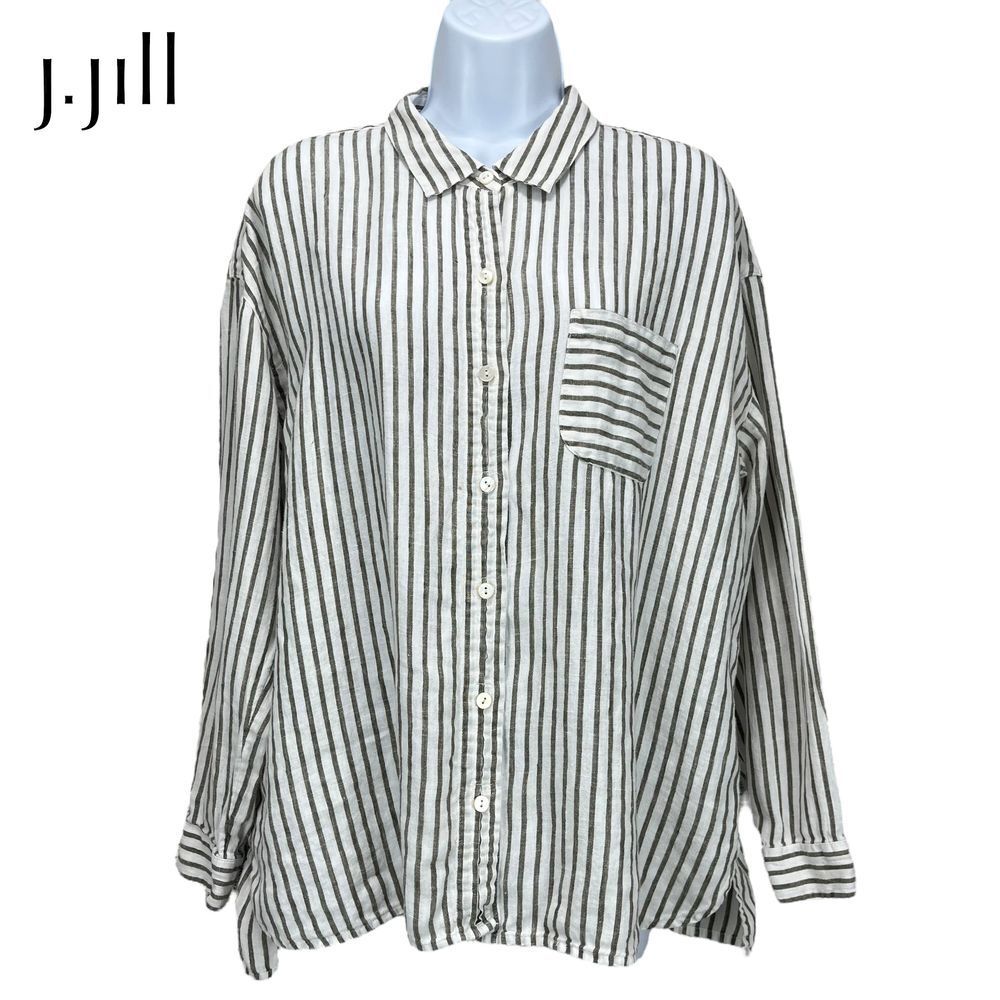 J. Jill Women's XL Petite Love Linen White/Gray Striped Long‎ Sleeve Shirt
